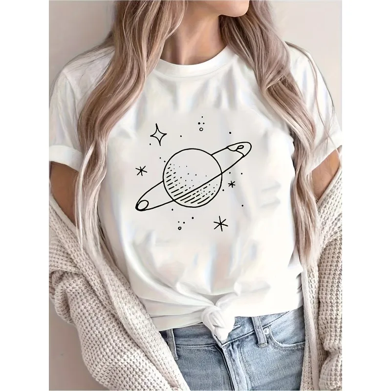 Planet Simple Printed T-shirt Short Sleeve Round Neck Casual Women's Top Cotton Breathable Fashion Women's Y2K Trendy T-shirt