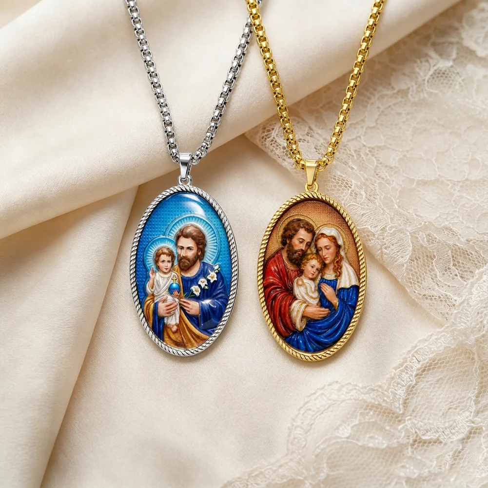 Vintage Sacred Joseph Mary Jesus Medallion Color Picture Pendant Necklace Christian Religious Protection Amulet Jewelry Gifts