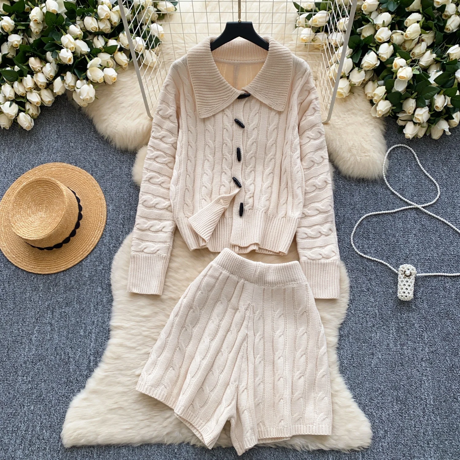 Clothland Women Elegant Knitting Suit Long Sleeve Horn Button Cardigan Sweater Mini Shorts Chic Two Piece Set Mujer TA527