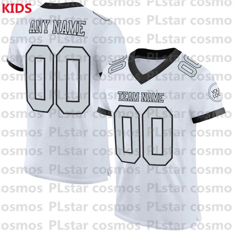 Custom White Silver-Black Mesh Authentic Football Jersey 3D Printed Kids Football Jersey Boys Tops Girl Tees