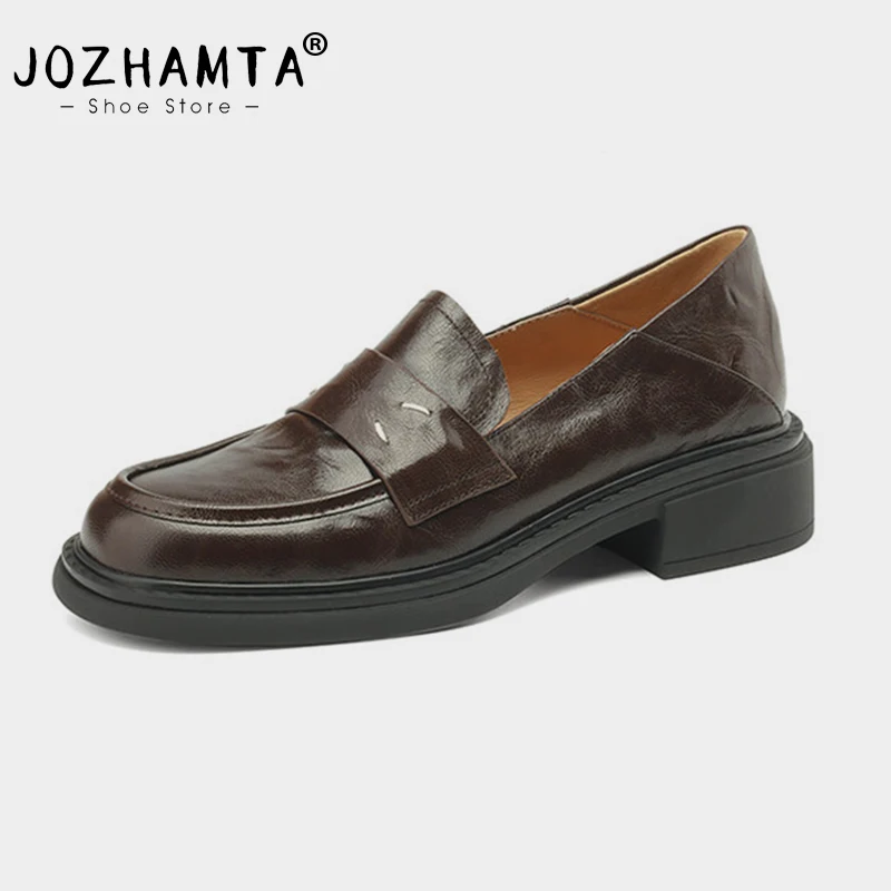 

JOZHAMTA Size 34-42 Real Leather Women Loafers Pumps Casual Platform Mid Thick Heels Shoes Ins Spring 2024 Office Lady Daily