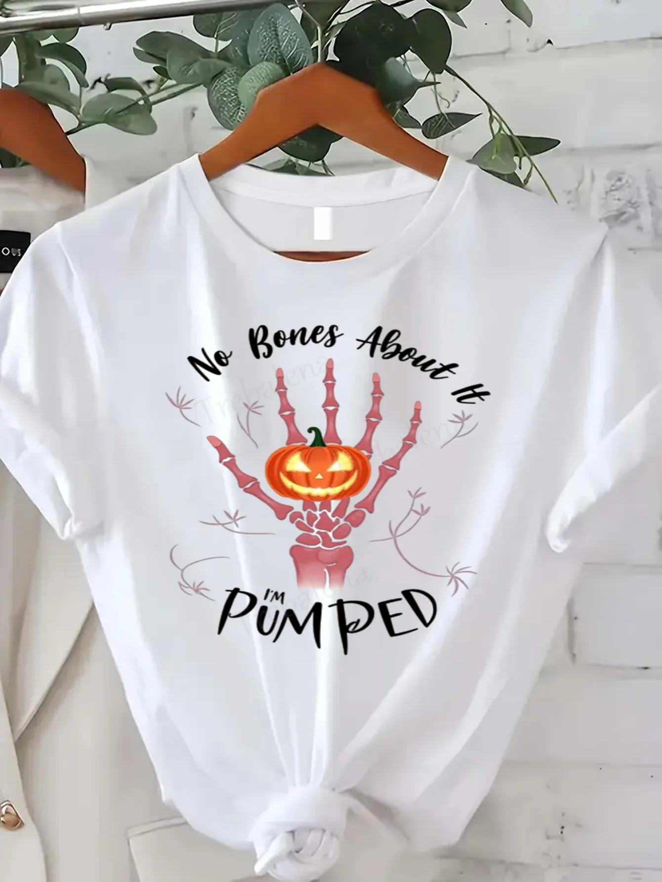 

Round Neck T-shirt Halloween Skeleton Hand Pumpkin T-Shirt Women Plus Size Funny Fall Top Short Sleeve Tee Fashion Casual Top