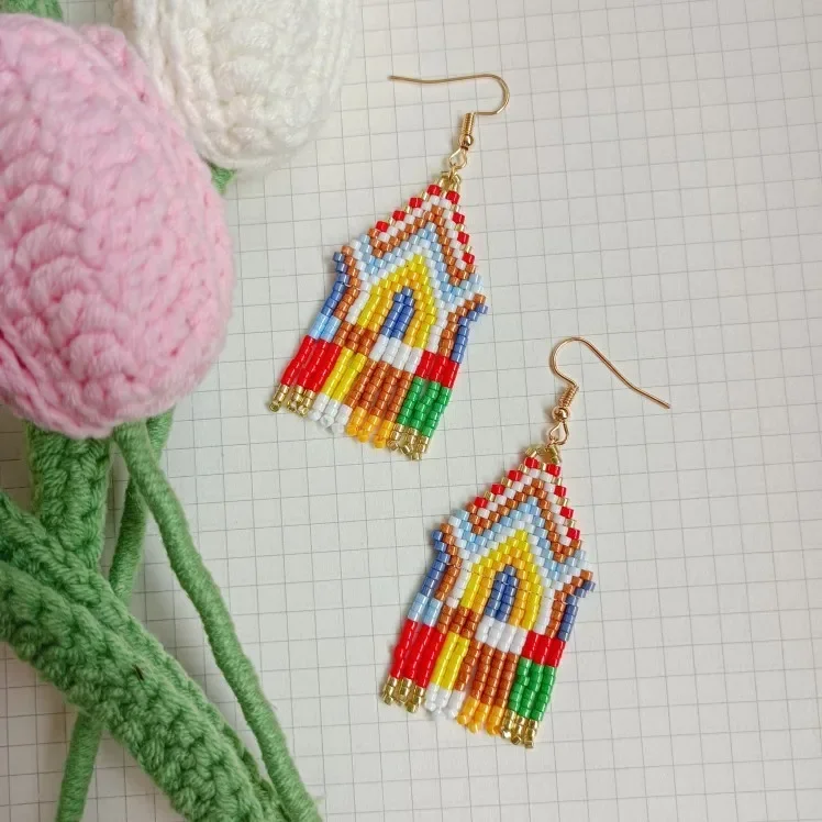 Beaded earrings Originality Personality Fashion Graphical Simplicity Rainbow House Tassel Hand woven Bohemia Rice bead earrings