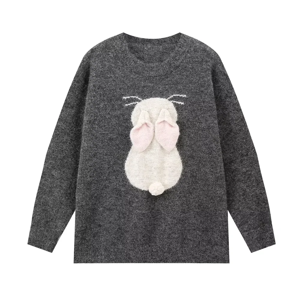 PB&ZA 3D Little Rabbit Knitted Round Neck Top Sweet College Style Loose Sweater Women's 2024 Autumn New Product