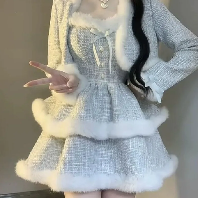Fall Winter Small Fragrant Style Celebrity Daughter Gold Style Sweet Tutu Skirt Mao Mao Splicing Dress Short Jacket Premium Suit