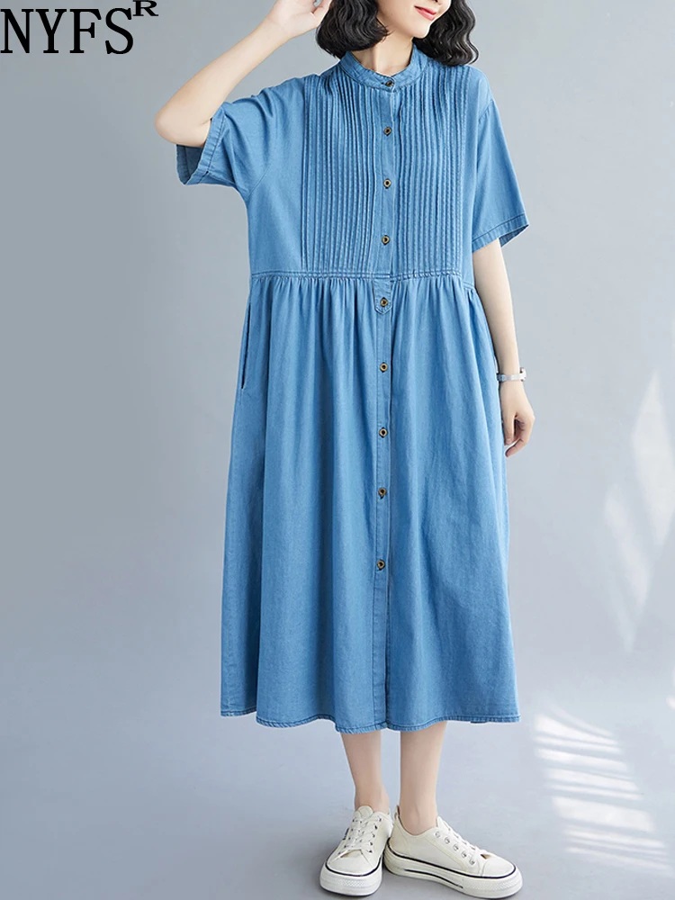 NYFS 2023 Summer New Office Lady Slimming Woman Dress Vestidos Robe Elbise Loose Plus Size Short Sleeve Denim Dress