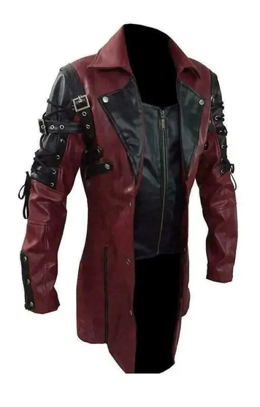 Eu Size Men's Fashion Trend Casual Steampunk Gothicgothic Trench Leather Maroon Coat Solid Color Plus Size Jacket