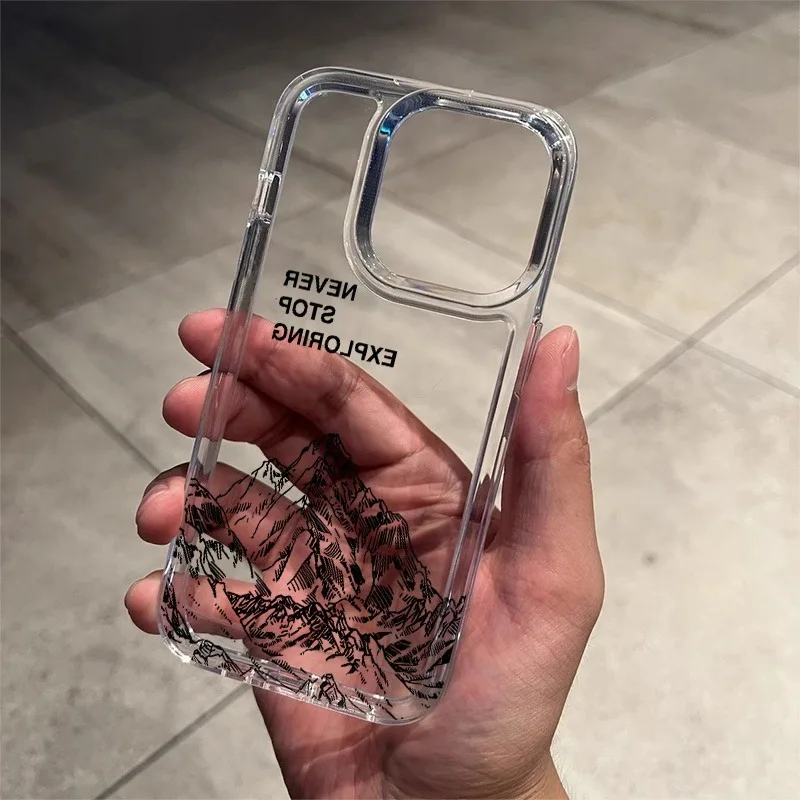 Coque de téléphone transparente souple « Never Exploring Mountain Line Art » pour iPhone 17 Air 16 15 14 11 Pro Max Plus 13 12 Mini 8 X