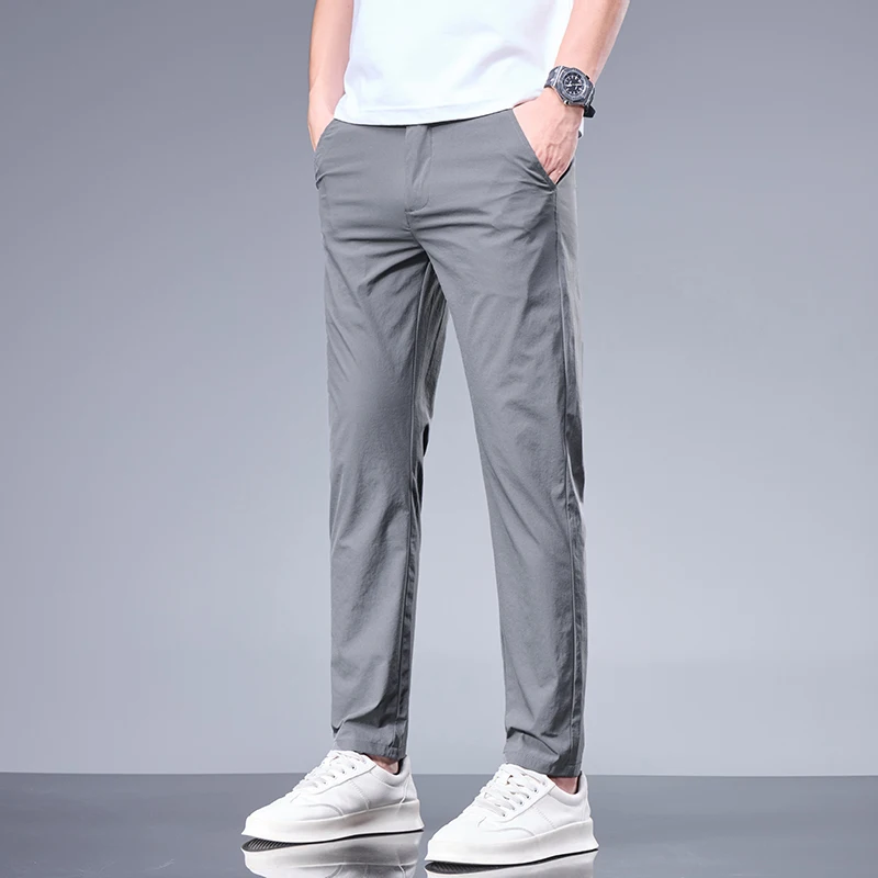 Men's Ice Silk Pants 2024 New Summer Light Thin Breathable Slim Fit Trousers Straight Tube Business Mens Casual Joggers