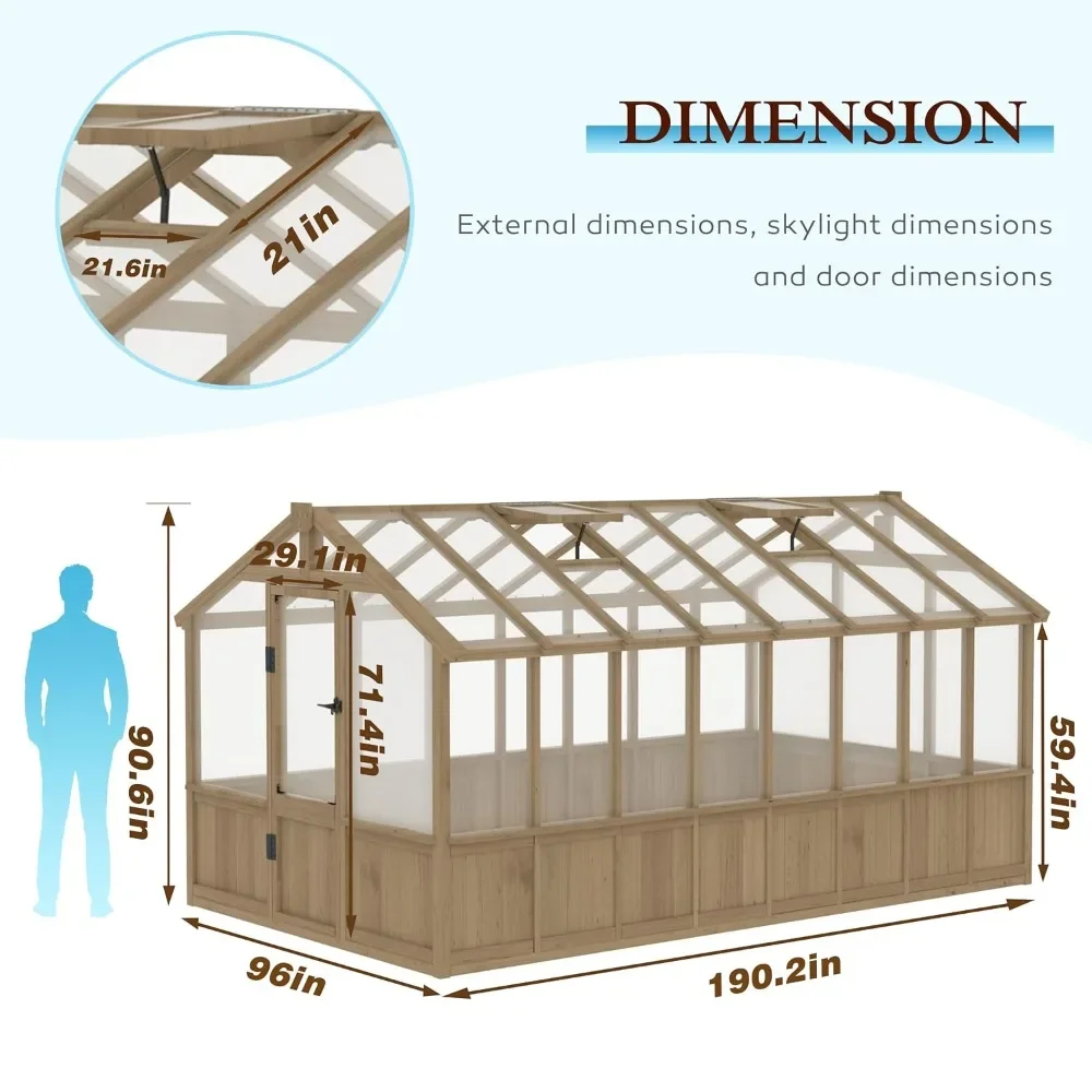 8 x 16 FT Wooden Greenhouse for Outdoor, Heavy Duty Greenhouse Kit with Window Vent and Lockable Door, Walk-in Green, Custom