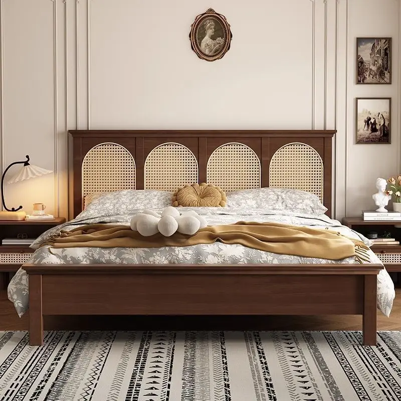 

Wabi Sandy Wind Chinese Solid Wood Rattan Retro Double 1.8 Modern Simple Wedding Master Bed Homestay Bed