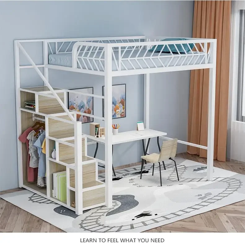 Multifunctional elevated bed small apartment loft  simple modern loft duplex second floor wardrobe upper wrought iron
