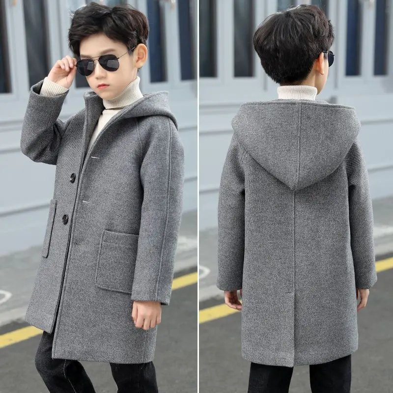 Boys\' woolen coat 2024 new boys\' winter cashmere thickened coat Woolen Dazhong children Korean version of Ocean Tide