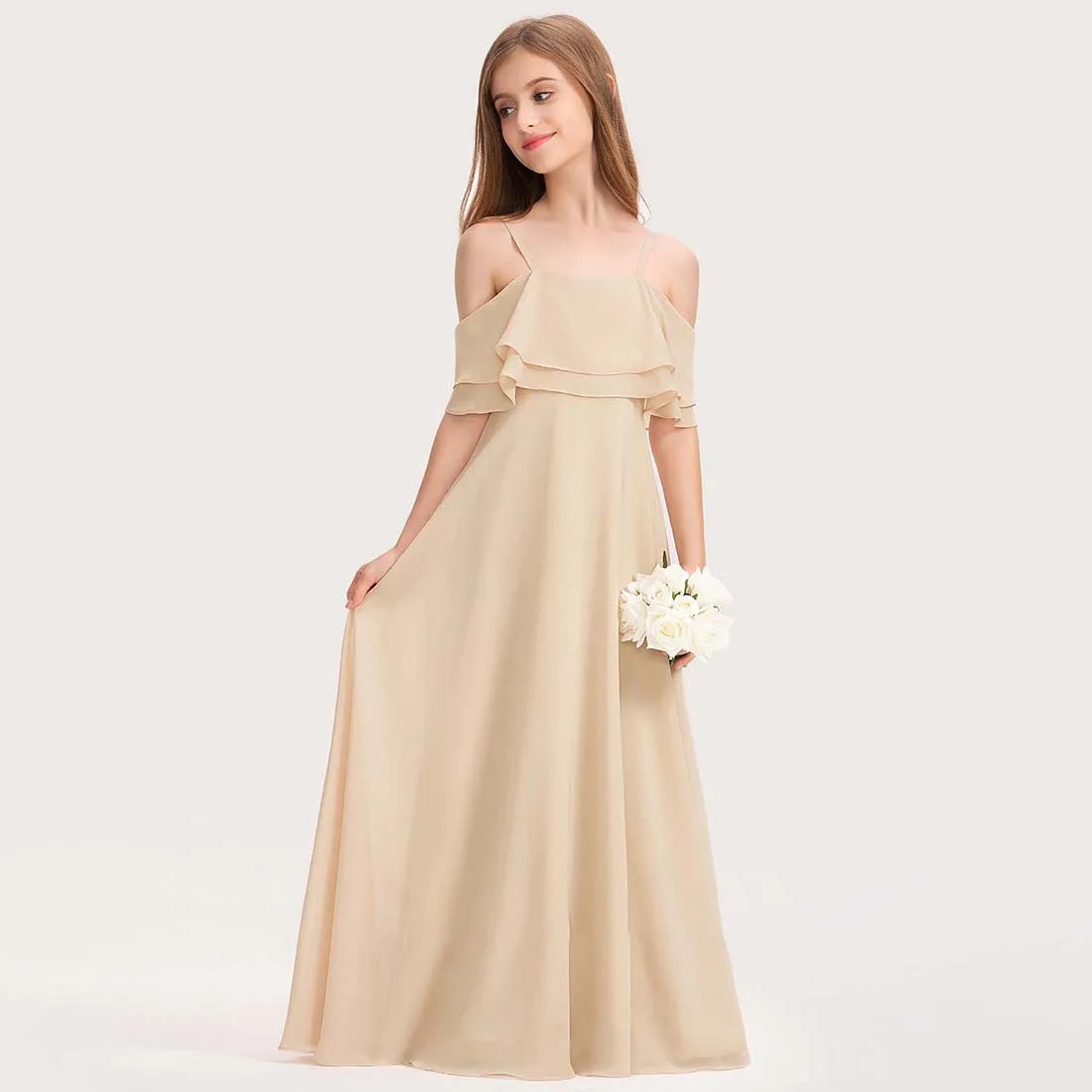 YZYmanualroom Chiffon Junior Bridesmaid Dress With Cascading Ruffles A-line Cold Shoulder Floor-Length 2-15T