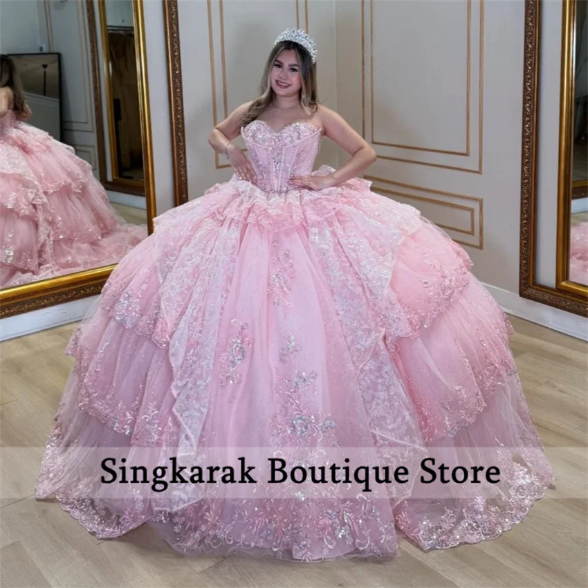 Vestido para quinceañeras De tul rosa brillante, volantes con cuentas, cristales, corsé De tul escalonado, Vestidos De 15 Años, vestido De baile De cumpleaños personalizado