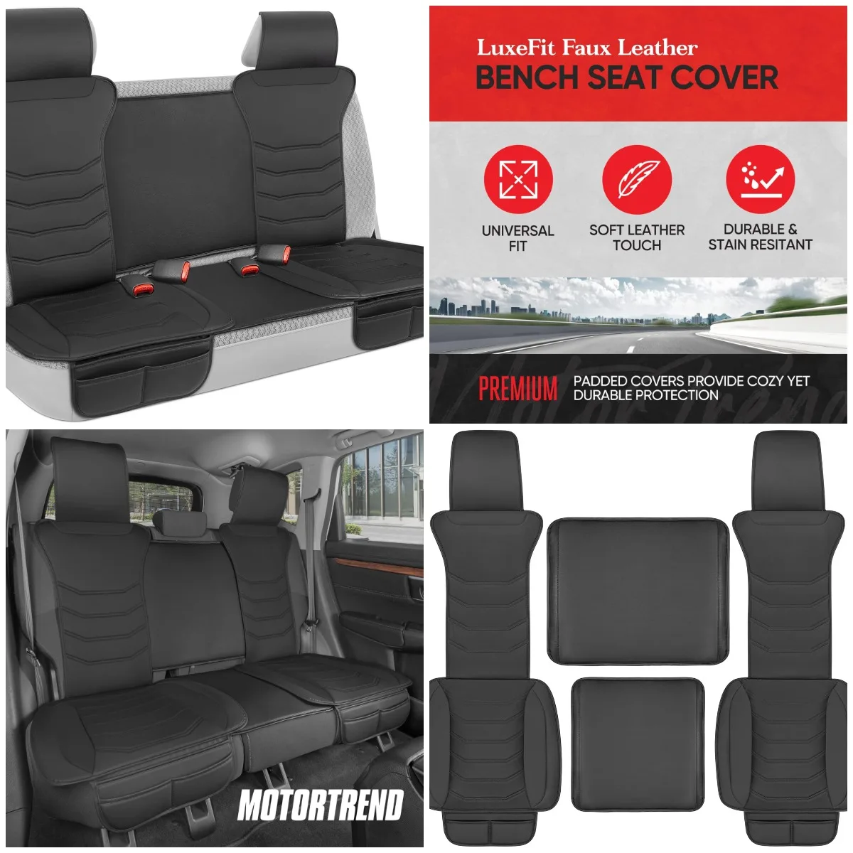 

LuxeFit Black Faux Leather Rear Bench Seat Cover with Pockets, Adjustable Car Seat Protector