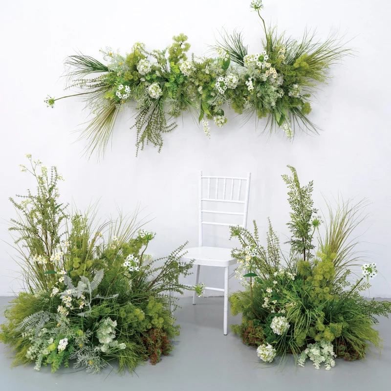 

DIY Home Decorations Greenery Artificial White Flowers and Green Plant Grass Floral Arrangement for Wedding Event Backdrop Decor