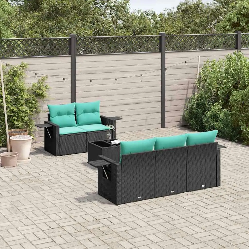 

6 Piece Black Poly Rattan Patio Sofa Set with Cushions Outdoor Furniture Comfortable Seating Garden Lounge