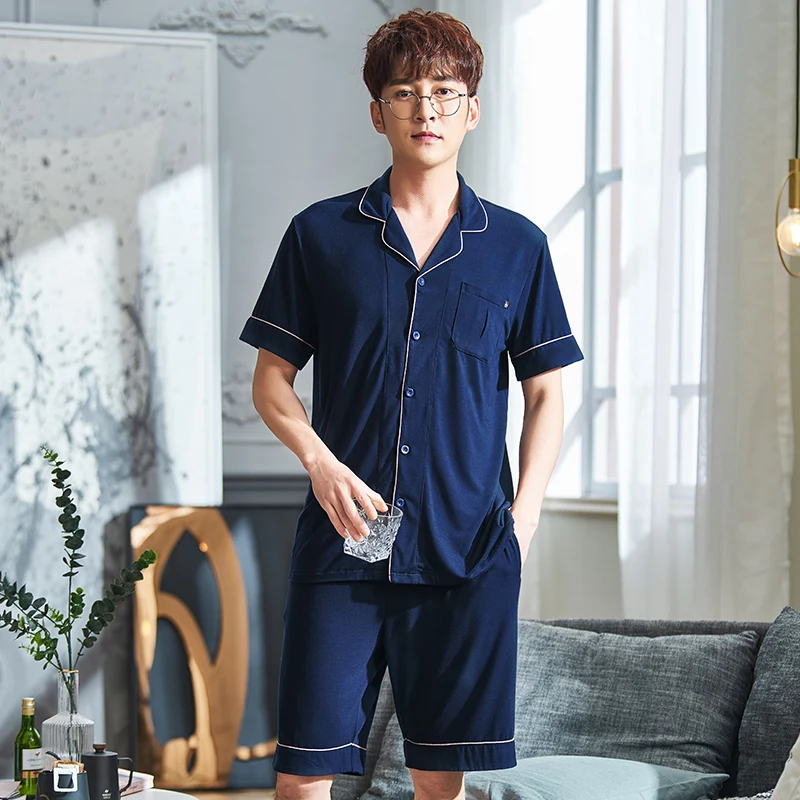 New Men Summer Cardigan Pajama Sets Man Big Yards Modal Pajamas Shorts Sleeve Sleep Wear Pijamas Hombre Pyjama 3XL Pajama Shorts