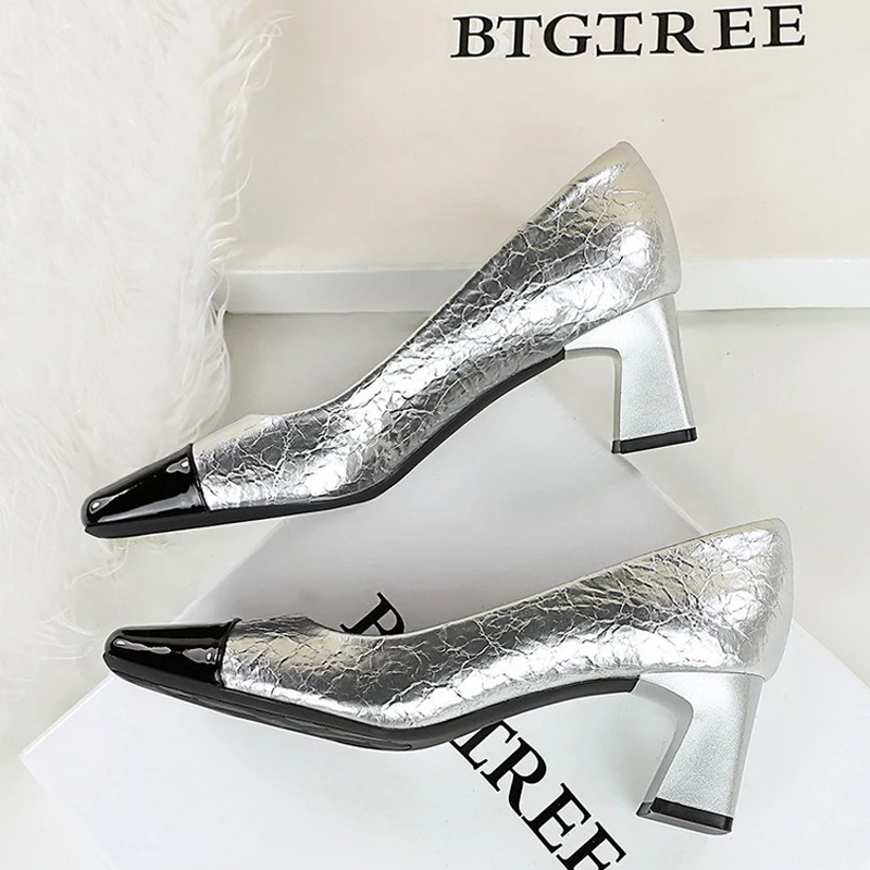 

BIGTREE Spring Square Head Splice Women Pumps Kitten Thick Heel Fashion Elegant Party Ladies Shoes Zapatos De Mujer