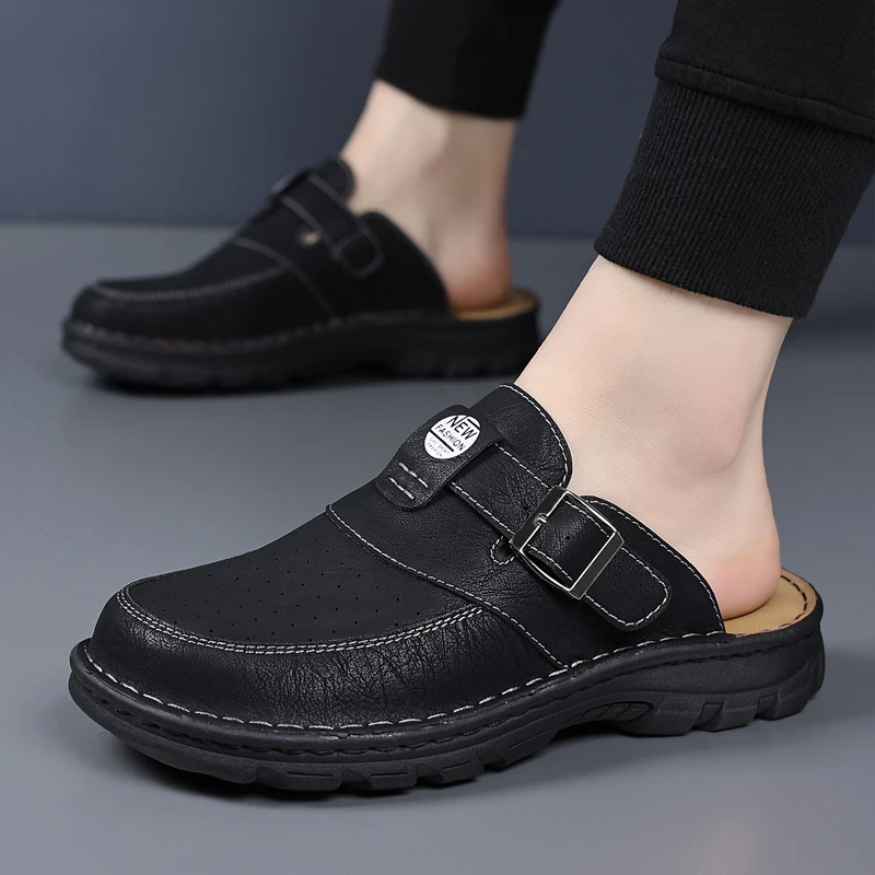 Plus Size 46 47 Mules Men's Half Slippers Leather Slip On Sneakers Male Flats Backless Casual Shoes Platform Open-back Loafers