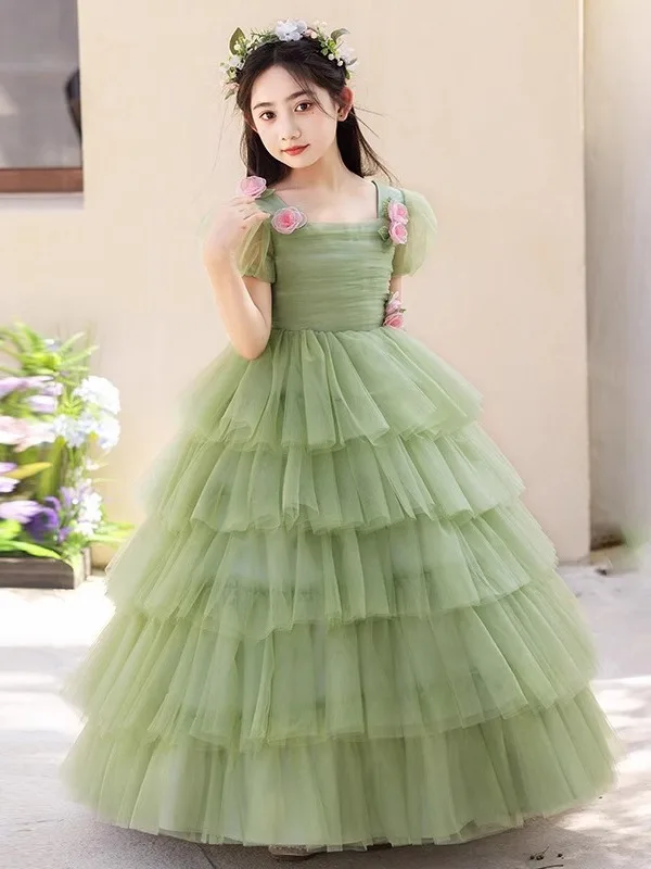 Vestido Longo de Tafetá Verde Estilo Princesa com Saia Rodada e Cintura Alta para Meninas, Damas de Honra, Crianças Maiores e...