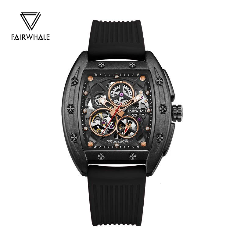 Cool Black Automatic Watch For Men Brand Mark Fairwhale Sport Casual Silicone Strap Tonneau Mechanical Wristwatch Boy Gift Reloj