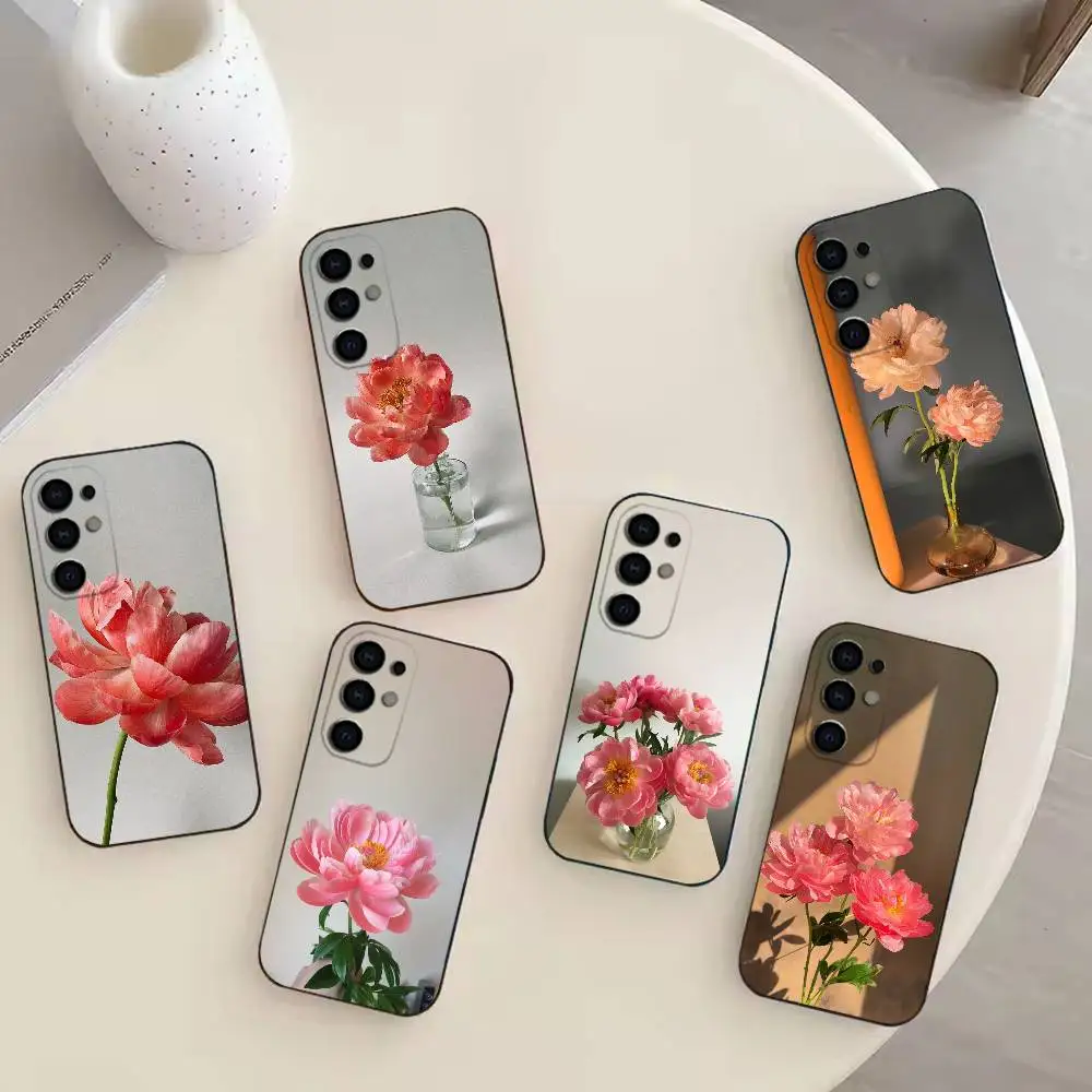 Funda de teléfono con peonía y flamenco para Samsung S25,24,21,22,23,30,Ultra,20,Plus,Fe,Lite,Note, funda suave negra