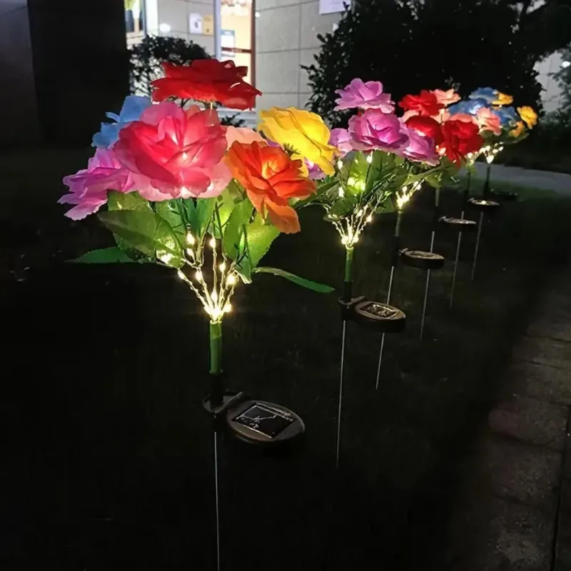 1 Bundle 7-Head Color Solar Rose Simulation Garden Light, LED Ground Inserted Atmosphere Decoration Light for Pathway Patio Gard image 5