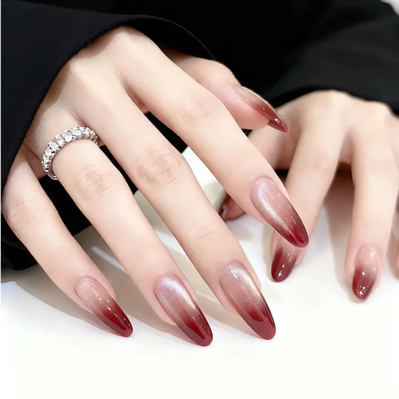 

10pcs Fake Nails - Fall/Winter Collection Simple Skin-Brightening Burgundy Ombre Cat Eye Press-On Nails Perfect Gift for Women