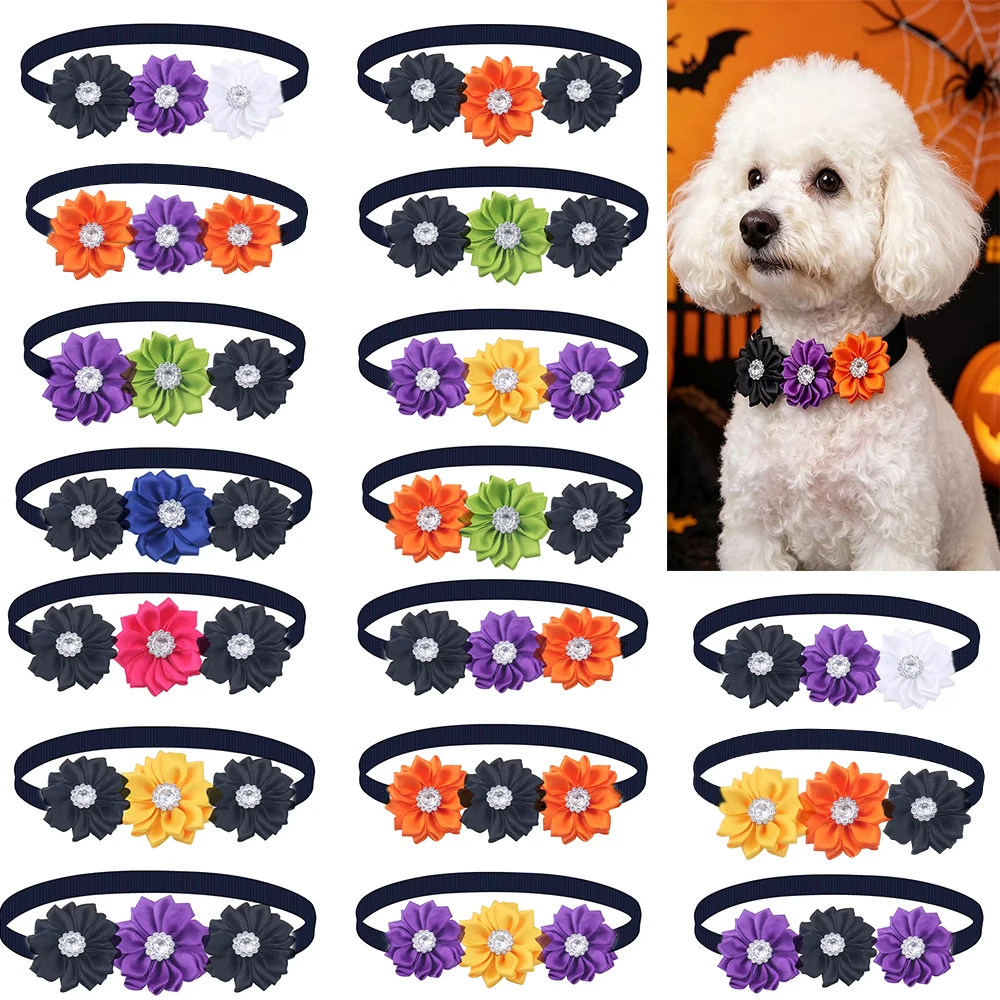 30/50 Stück Halloween-Blumen-Hundeschleifen, handgefertigte Welpenhalsketten, verstellbare Hundeschleifen und Halsbänder, modische Haustierprodukte für Hunde – Detail 3