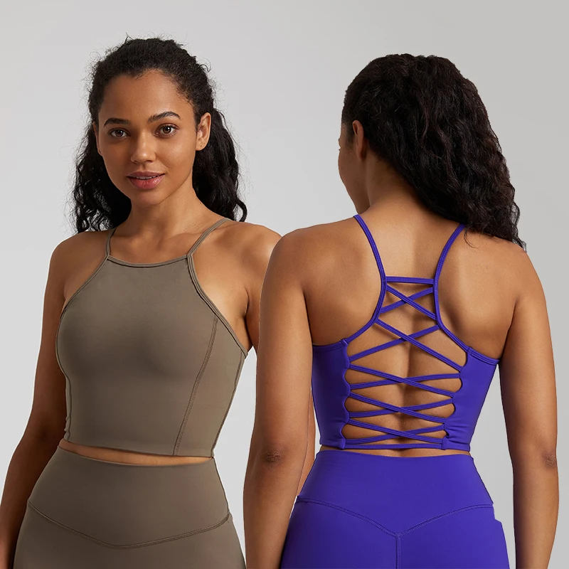 

High Neck Lattice Back Strap Sports Bra with Removable Pads Yoga Vest Fitness Quick Dry Gym Crop Top for Women