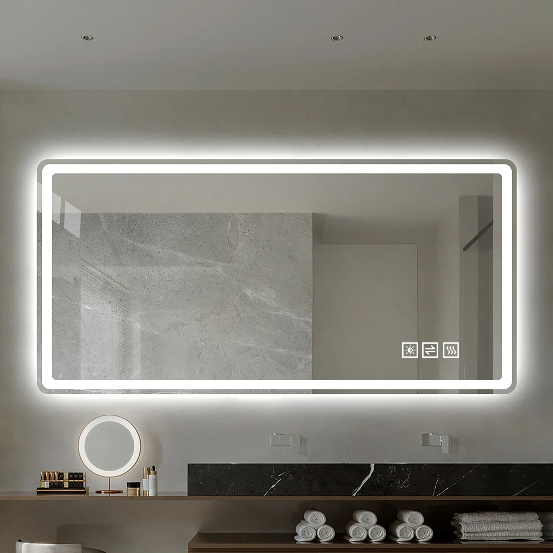 Miroir de salle de bain LED sans cadre 60x100cm avec éclairage frontal mat, anti-buée, 3 températures de couleur, gradation progressive, fonction mémoire – Montage horizontal et vertical, étanche IP44 pour meuble-lavabo
