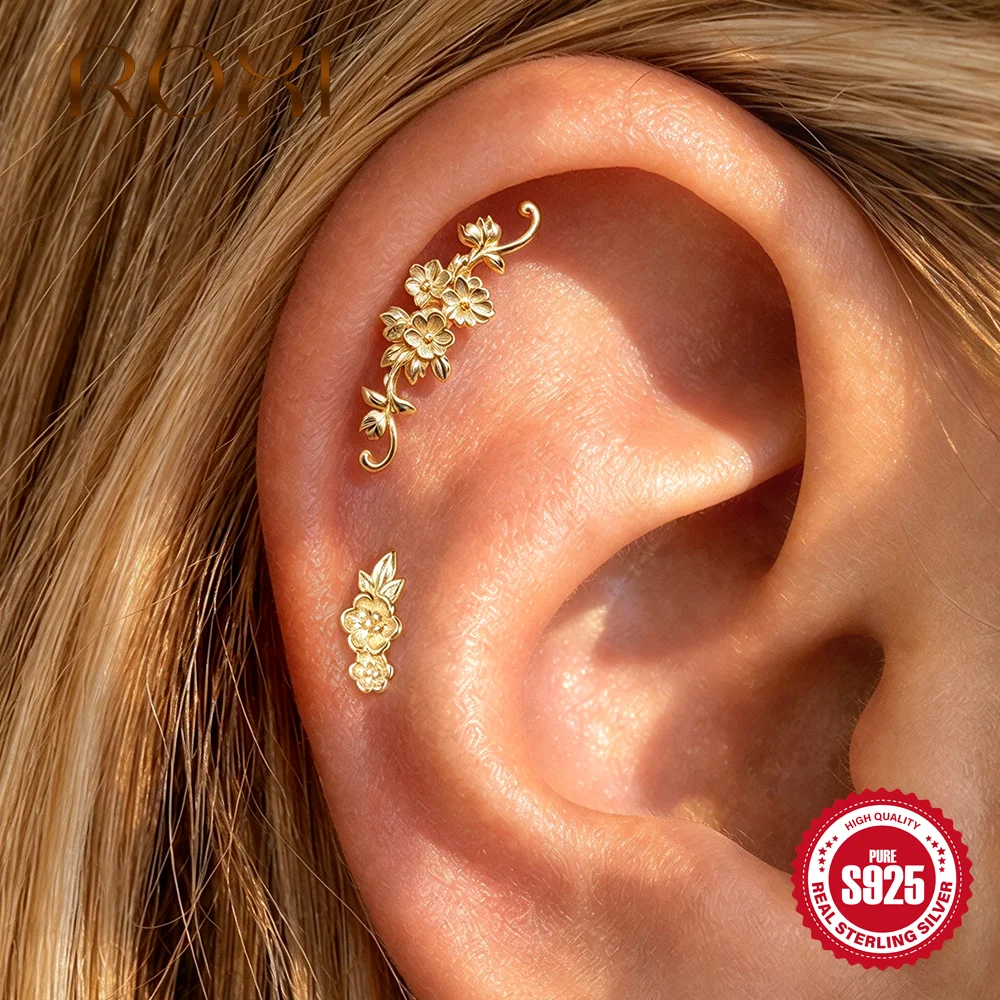ROXI Pendientes de botón de hélice floral de caña de ratán brillante de plata de ley 925 para mujer, joyería fina para piercing de cartílago y concha con parte trasera plana