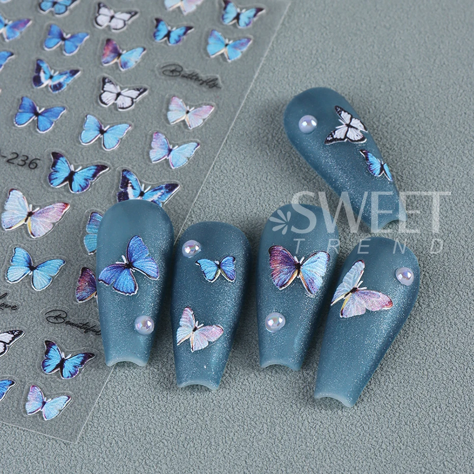 5D Blue Butterfly Nail Sticker Fashion Kawaii Butterfly Self-Adhesive Manicure Decal Slider DIY Nail Supplies Charms Decorations