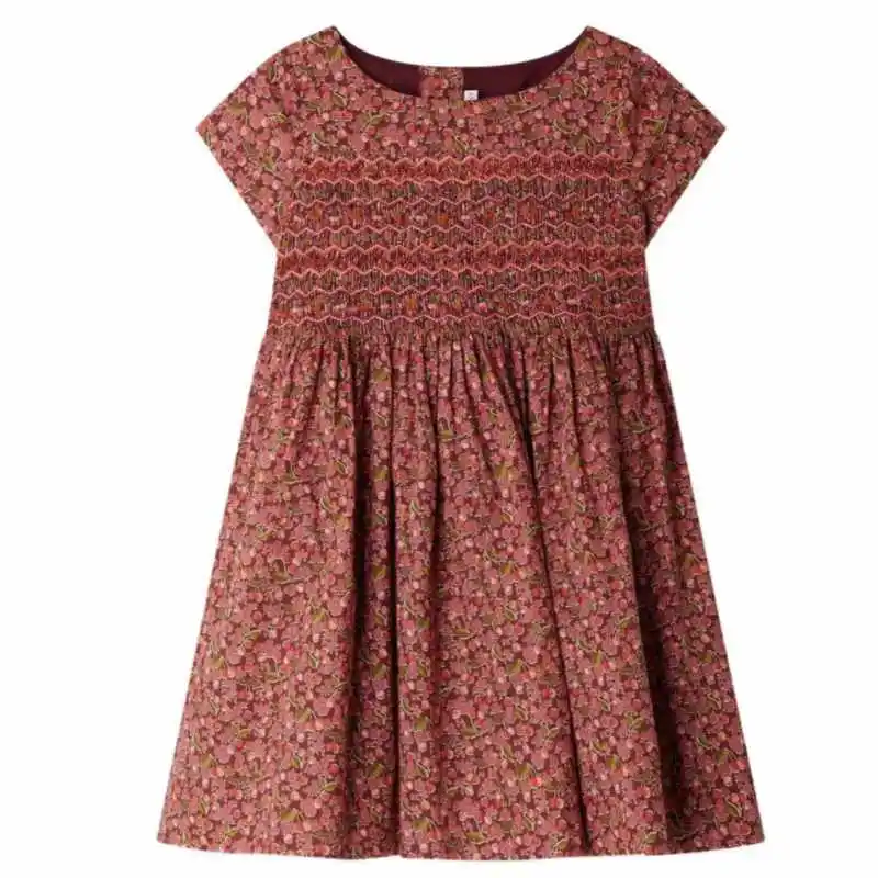 2026 Summer BP Baby Girls Flower Red Dress Smocking Dresses for Birthday Girls Elegant Floral Clothing