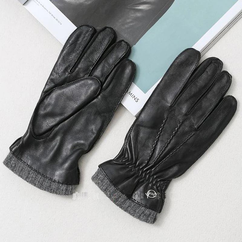 New Leather Gloves Men\'s Winter Warm Gloves Male Cashmere Lining Niche Retro Thick Brown Outdoor Driving Motorcycle Guantes