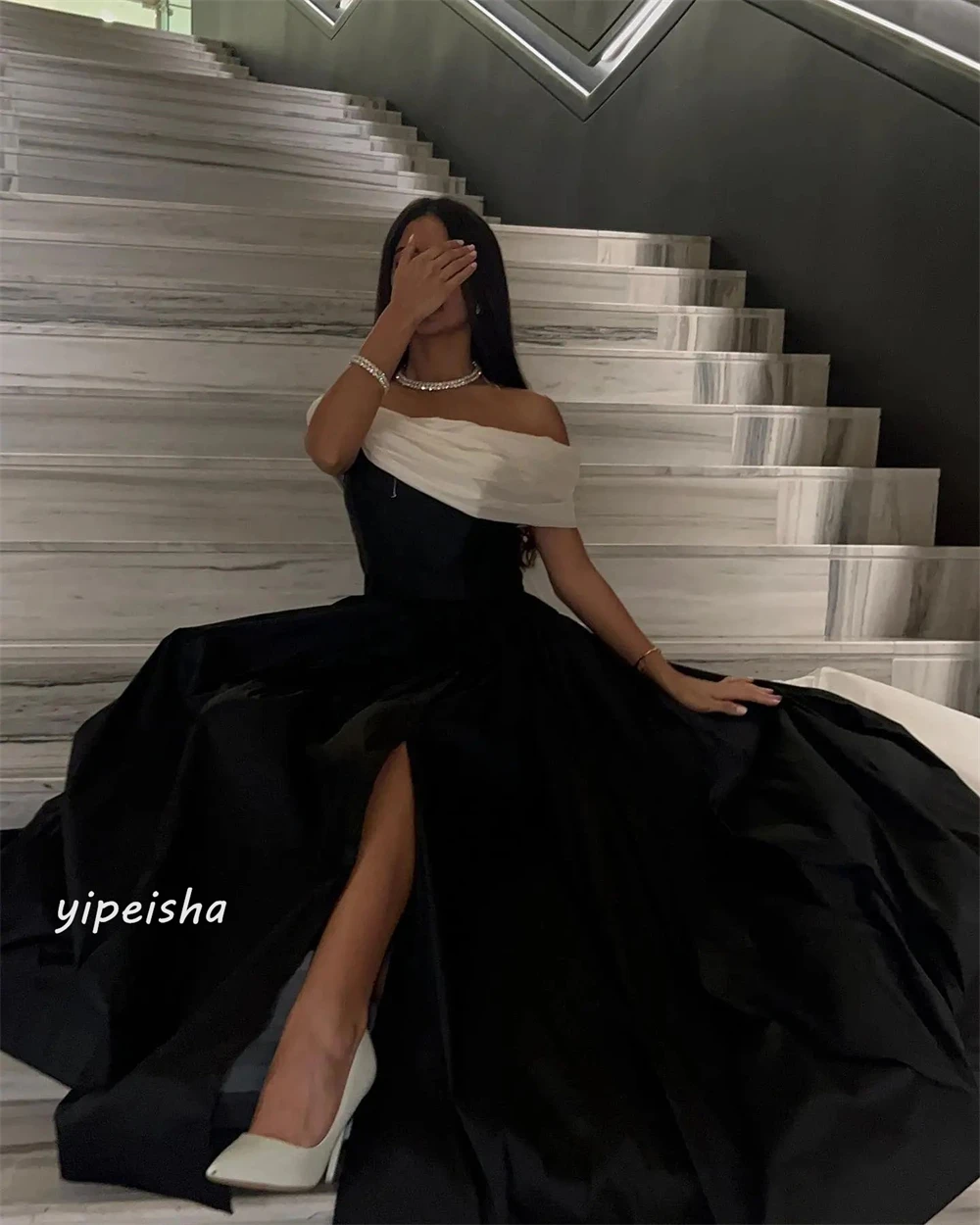 Jersey Draped Pleat Ruched Party A-line Off-the-shoulder Bespoke Occasion Gown Long Dresses