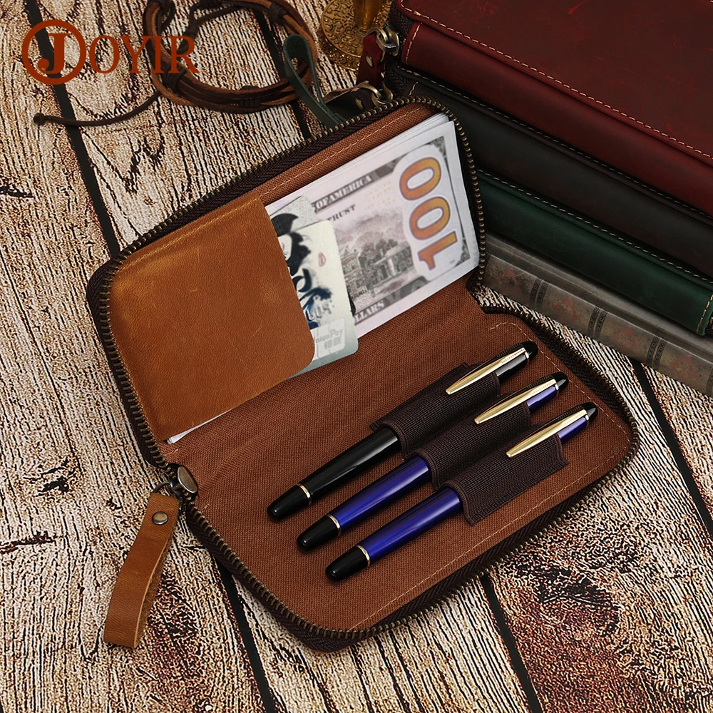 JOYIR Handmade Genuine Leather 3 Pen Slots  Card Hold Wallet Storage Bag Office School Pencil Case Pouch Stationery Supply