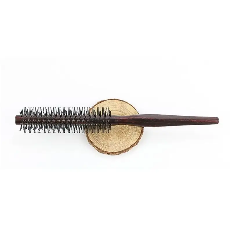 Mini brosse à cheveux ronde en nylon avec manche en bois, peigne à rouleau, coiffure bouclée, utilisation pour cheveux fins ou courts, hommes et femmes