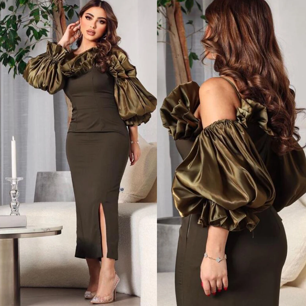 

Lantern Sleeve Satin Patchwork Prom Gown Sexy Sheath Backless Evening Dresses Off Shoulder Formal Party Dress فساتين سهرة فخمه