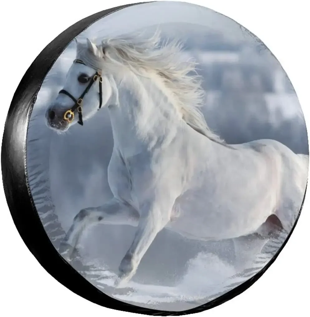 Spare Tire Cover Universal Tires Cover White Horse on Snowy Meadow Car Tire Cover Wheel Weatherproof and Dust-Proof UV S