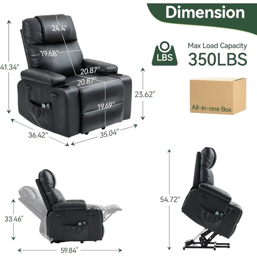 Electric Recliner Chair with Heat & Massage, 160° Recline, Stand Assist, Cup Holders, Side Pockets for Living Room (Black)