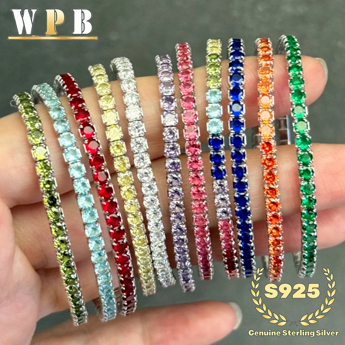 Genuine S925 Sterling Silver Stylish Multi-Color Zircon Tennis Bracelet -3mm Rainbow CZ Luxury Elastic Jewelry for Women & Girls