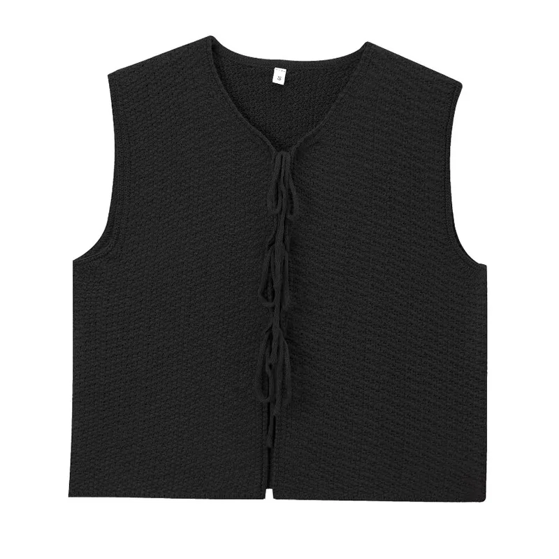 TRAF 2024 Short Sweaters Waistcoat Red Knitted Vest Woman Lace Up Sleeveless Cropped Sweaters Black Vest Fall Cut Out Knit Top