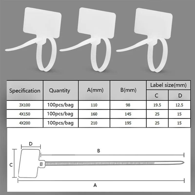 White Black Easy Mark Plastic Cable Ties Tag Labels Nylon Self-Locking Markers Zip Network Loop Wire Straps 3*100mm