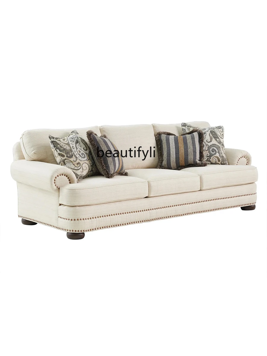 American Retro Fabric Sofa Living Room Sofa Suit Solid Wood Three-Seat Sofa High-End Furniture