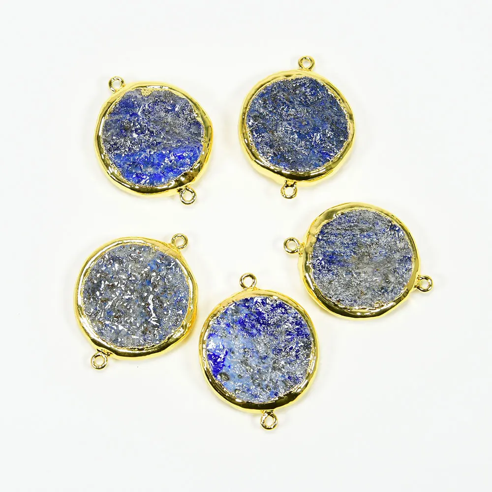 APDGG 5 Pcs Natural Big 29MM Blue Lapis Lazuli Rough Raw Coin 24K Gold Plated Bezel Sets Connector Pearl Necklace Pendant DIY