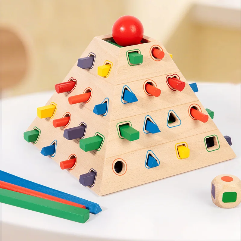 LazyChild Montessori Geometric Shape Matching Color Recognition Peg Pyramid Kids Educational Wooden Toy Wholesale
