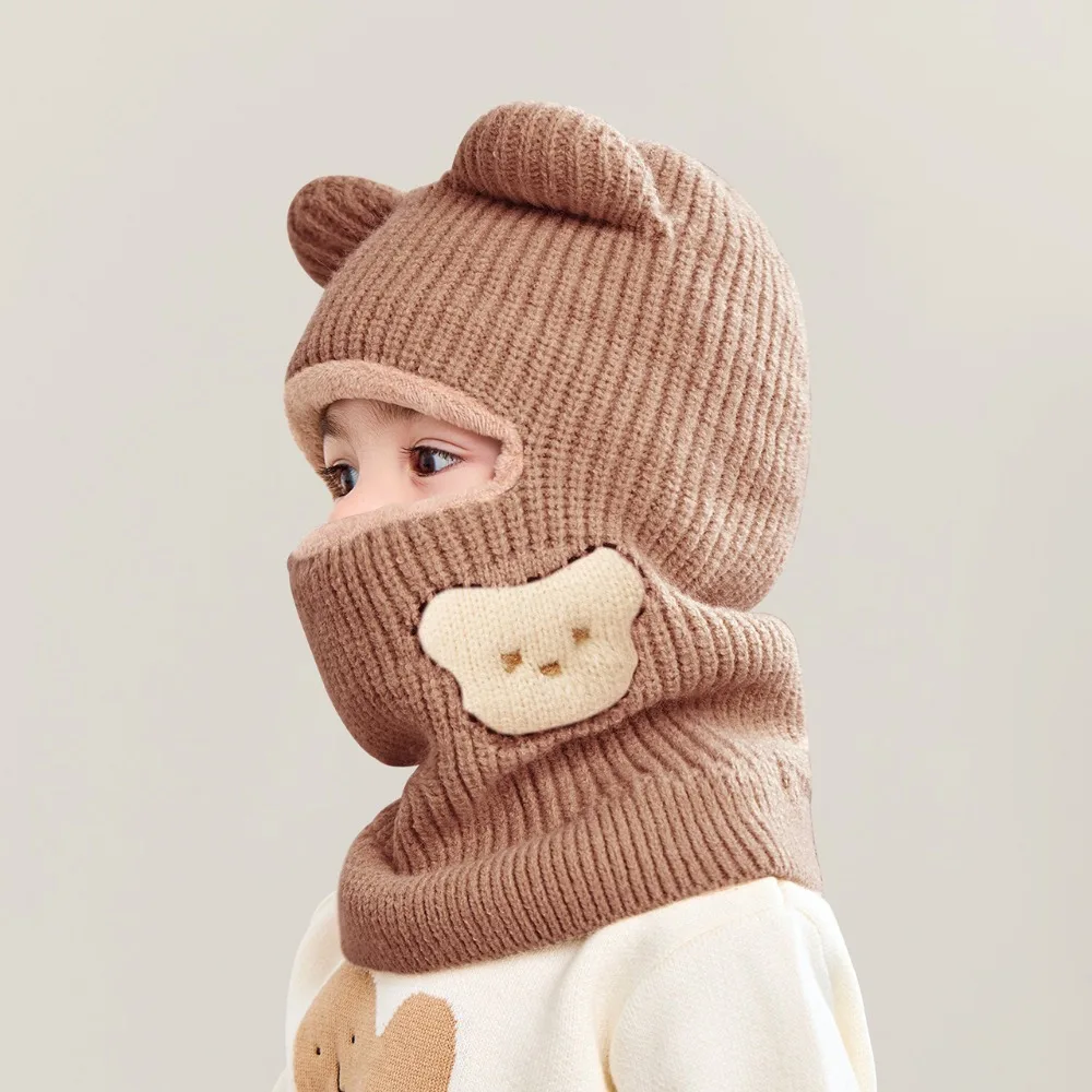 

Cute Fleece Baby Knit Hat Cartoon Pattern Windproof Kids Winter Cap Warm Thick One Piece Scarf Hat Winter